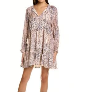 Roller Rabbit Floral Print Boho V-Neck Long Sleeve Tassel Mini Dress Small